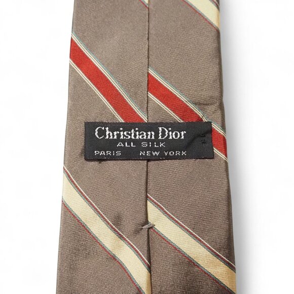 Christian Dior Vintage 100% Silk Tie Brown Red Gold Striped Classic Necktie - Picture 3 of 5